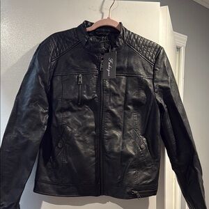 Black Faux Leather Motorcycle Jacket with Quilted Details